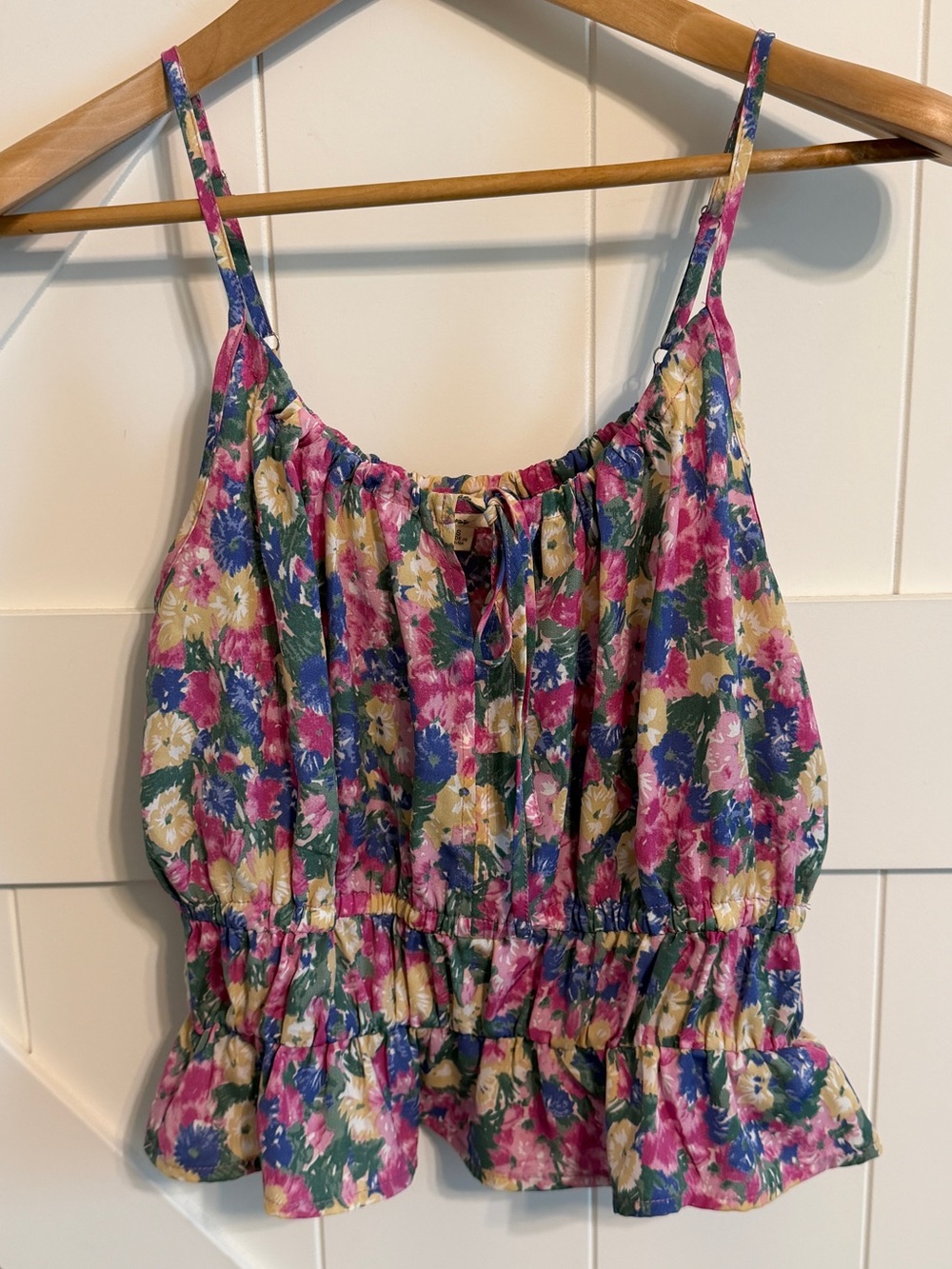Entro Floral Peplum Cami Top Small Pink Blue Ruffle Tie Front Boho Boutique